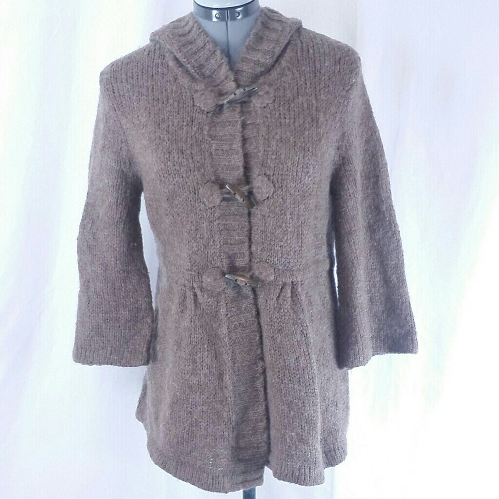 Kenji Women's Hooded Wool Open Cardigan Large Tan
